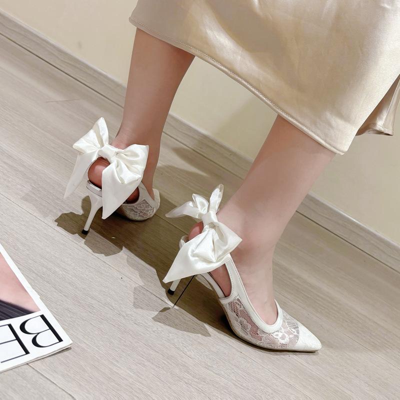 Fashion Temperament Pointed Toe Women Shoes Sexy Breathable Mesh Lace Back Butterfly-knot Thin High Heels Sandals