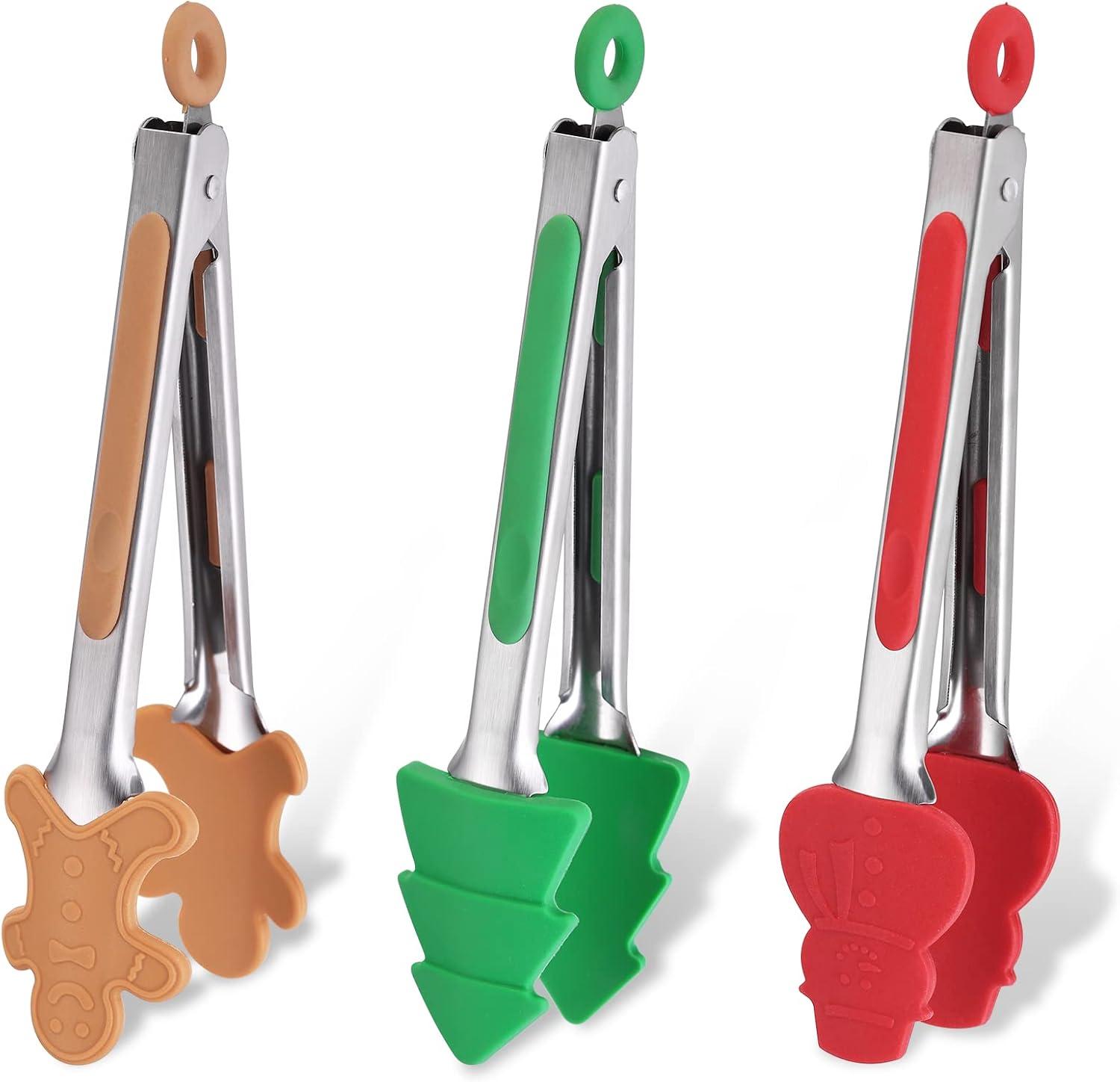 

3-Piece Silicone Mini Tongs Set for Christmas, 7-Inch Mini Cooking Tongs, Kids Holiday Set (Christmas Tree, Snowman, Gingerbrea
