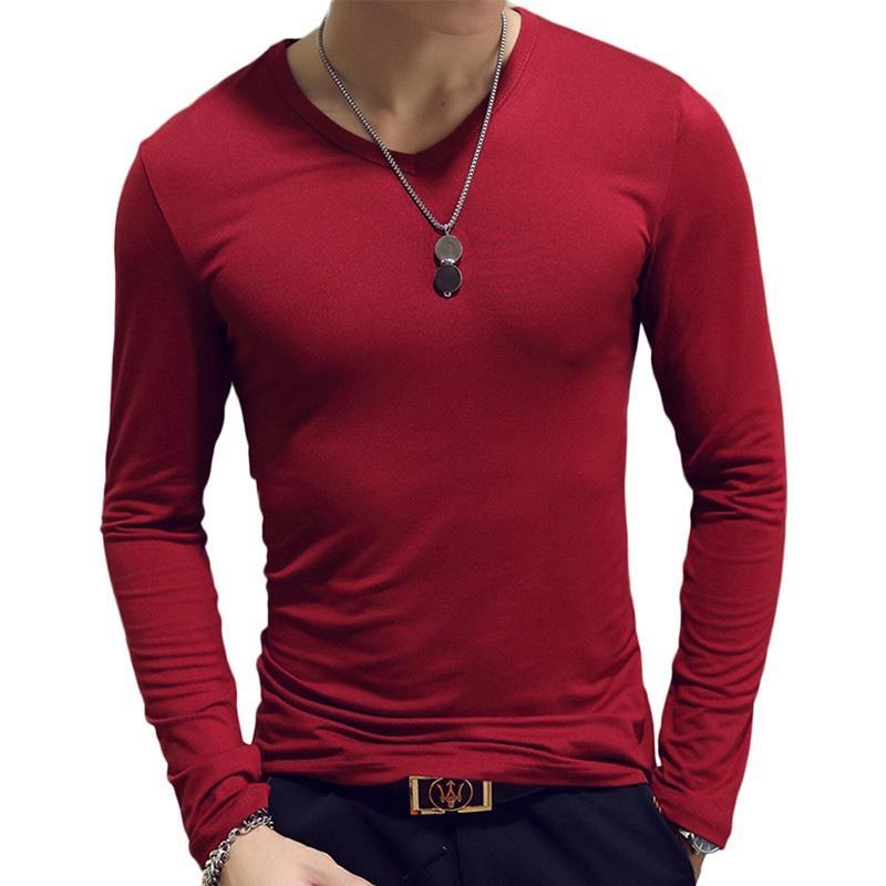 Herrenbekleidung, 7 Farben, lässig, Slim-Fit, einfarbig, langärmelig, O/V-Ausschnitt, Baumwolle, T-Shirts