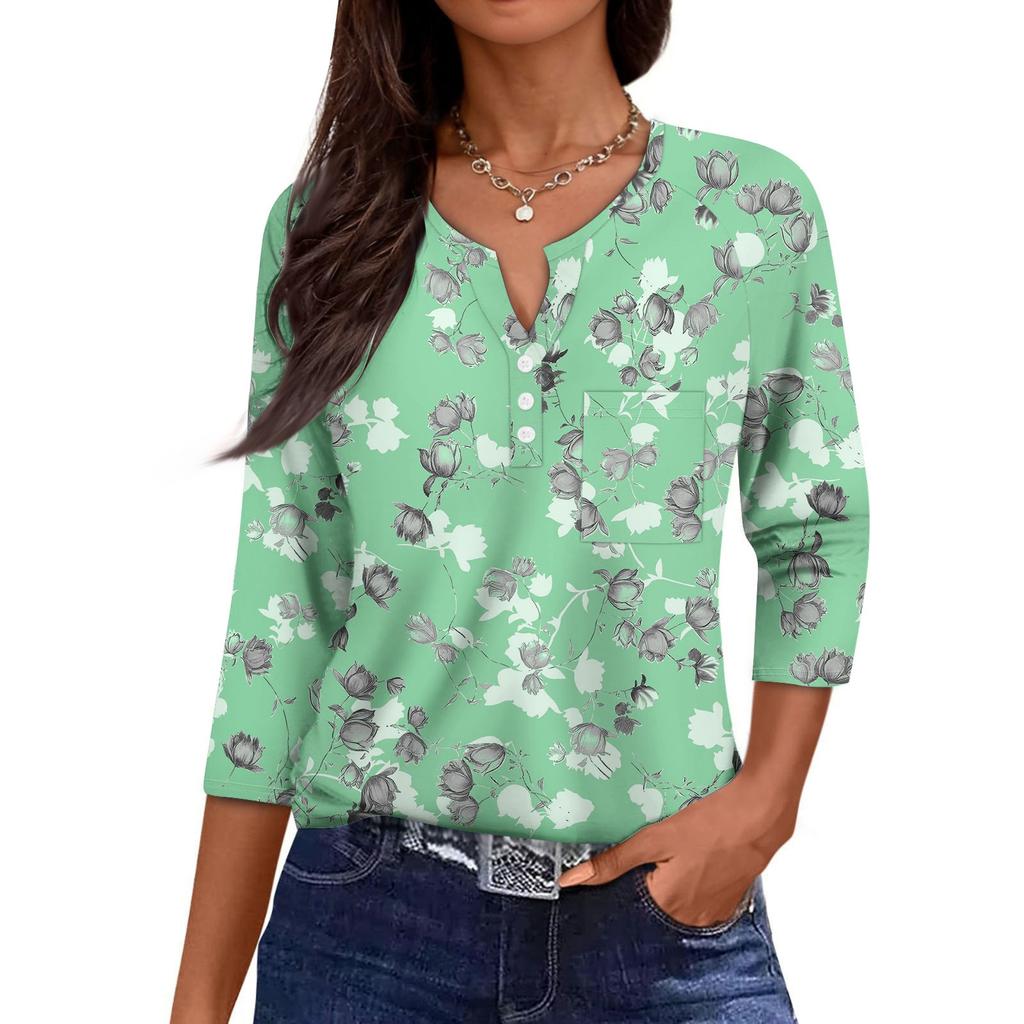 Damska Codzienna Modna Dekolt V Luźna Wszechstronna Kwiatowy Wzór Rękawy Trzyczwarte