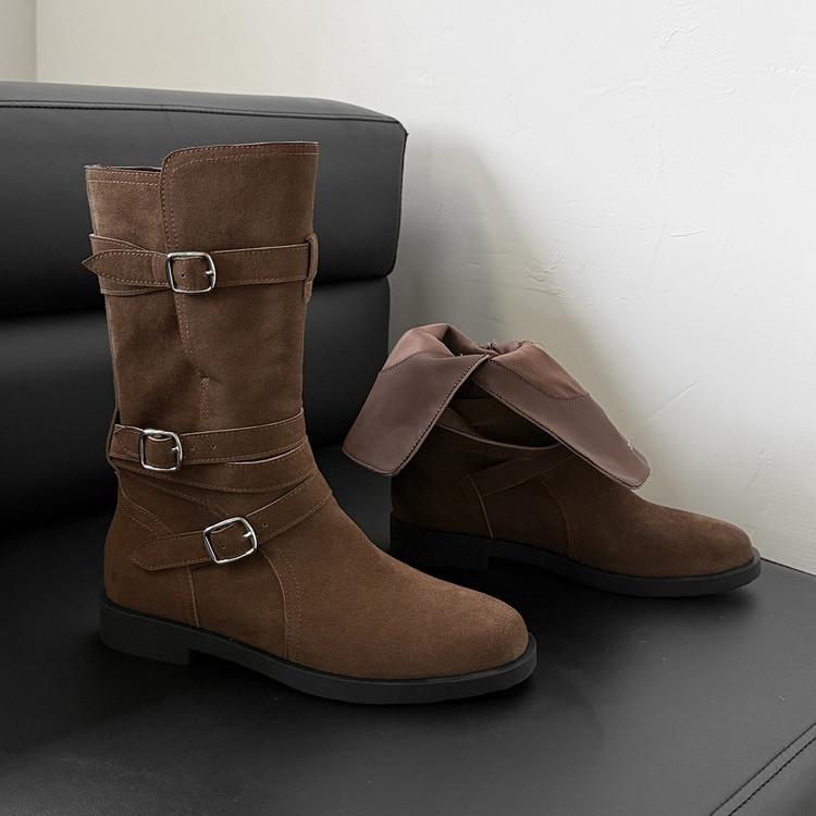 

Short boots women s summer 2025 new buckle western boots medium tube Martin boots women s British style round head thick heel knight boots 39 темно-коричневого кольору