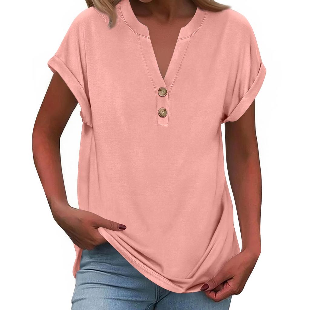 Women's Fashionable Casual Loose-Fit Short-Sleeved Button-Up V-Neck -Colour T-Shirt Top