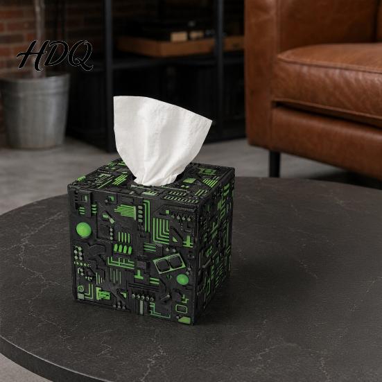 Matte Gray Tissue Holder Sci-fi Theme Box with Smooth Paper Extraction Large Capacity Cubic Design Towel Extraction Organizer Hard Shell