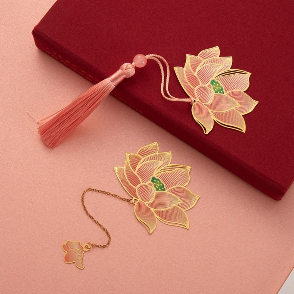 Lotus Shape Leaf Metal Bookmarks Chinese Style Hollowed Tassel Bookmark Stationery Gift