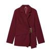 European American Style Fashion Suit: Buckle Decor Jacket & Straight-Leg Pants Two-Piece Slim Fit Set for Women
