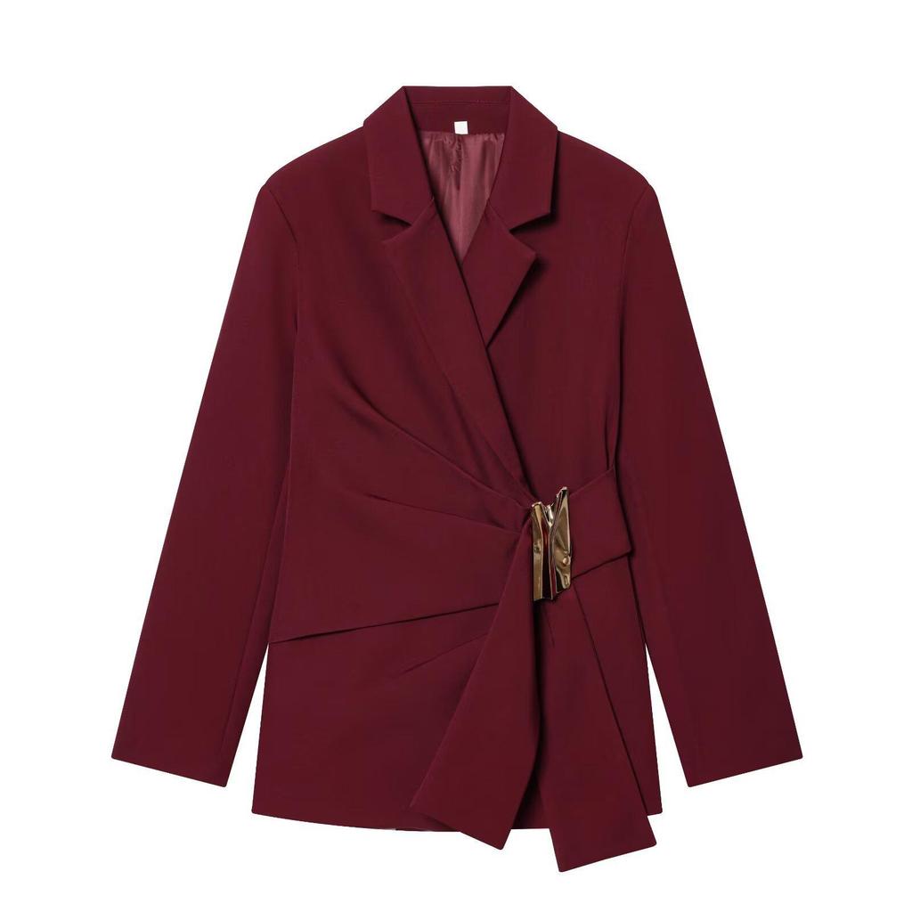 European American Style Fashion Suit: Buckle Decor Jacket & Straight-Leg Pants Two-Piece Slim Fit Set for Women