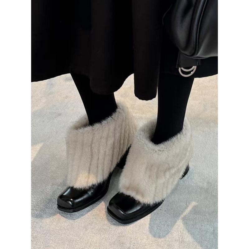 Cowhide version~ Korean thick-heeled fluffy boots winter velvet snow boots high-heeled short boots women's new thermal cotton boots