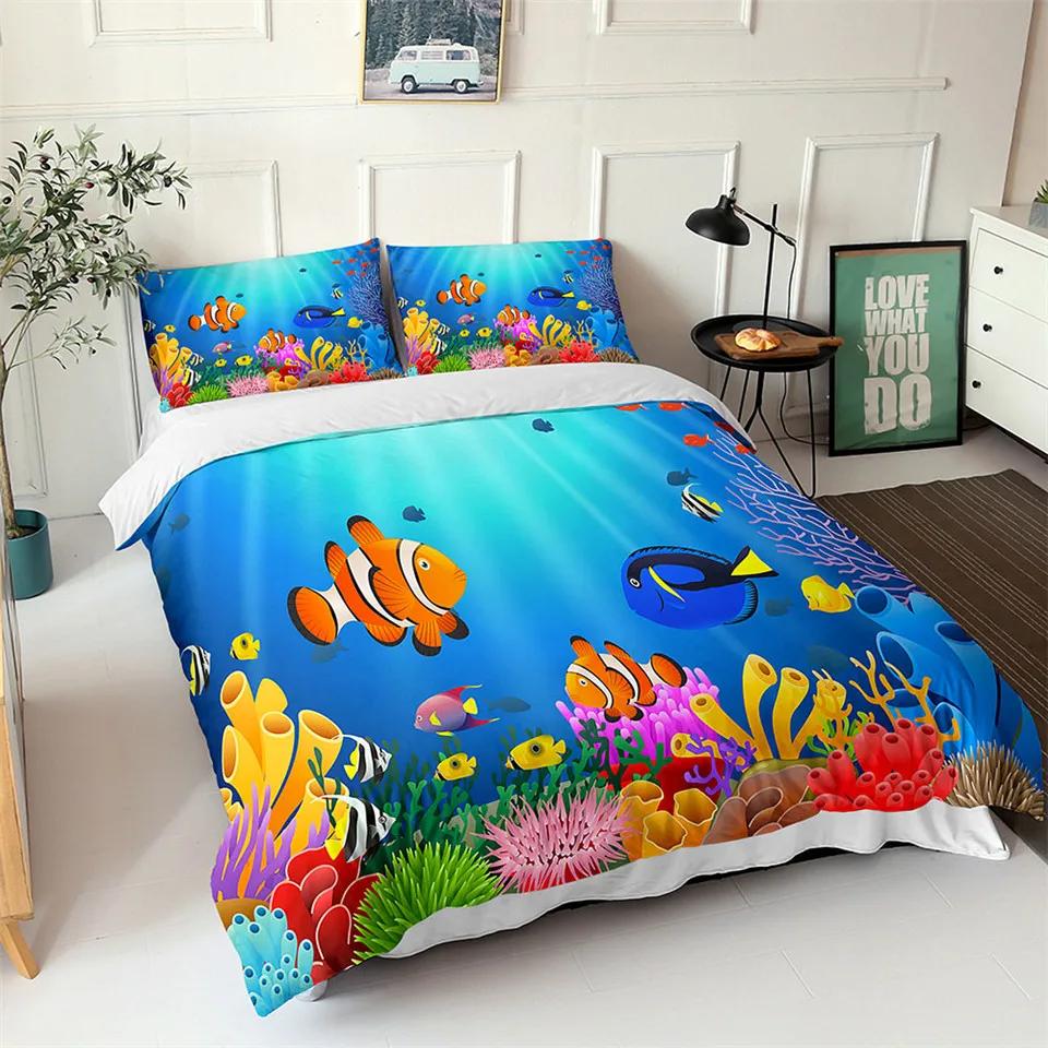 Comforter Ocean Blue Sea Fish 3D Printed Kids Bedding Set Queen King Nordic Ocean Landscape Soft Polyester Comforter