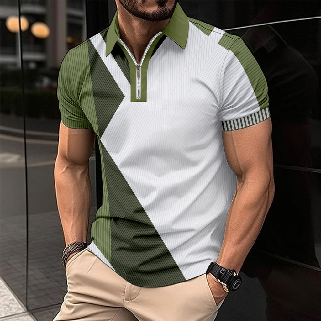 Men's Fashionable Slim-Fit Colour-Blocked Collared T-Shirt Polo Shirt