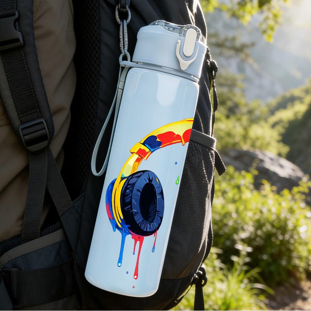 1PC Rainbow Color Over Ear Headphone Print 750ml Color Plastic Sports Water Bottle Leakproof Flip Straw Lid Suitable for Sports Office Home Use