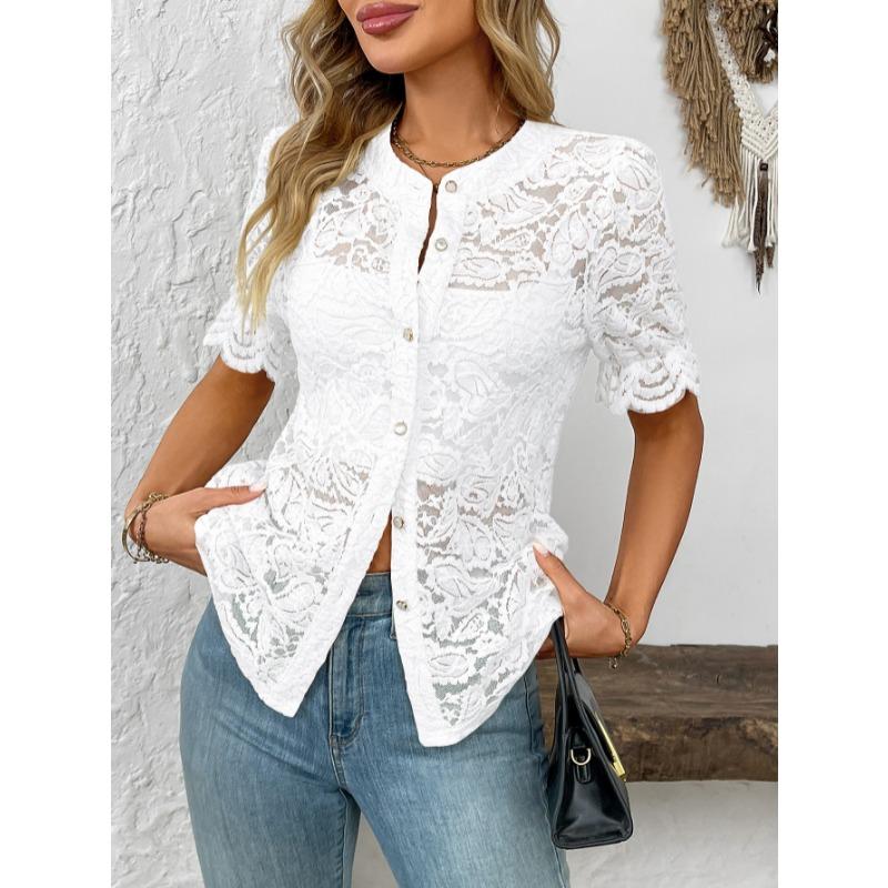 Fashion Lace Shirt Women Spring Summer Short Sleeve See Through Casual Blouse Ladies Button Sweet Tops O Neck Elegant Loose Casual Clothing