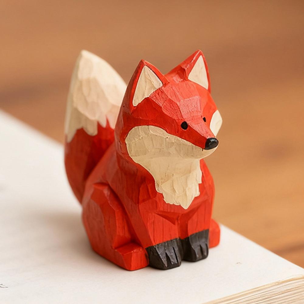 Vintage Handmade Solid Wood Fox Sculpture Statue Miniature Animal Figurines Desktop Ornament for Home Office Decoration Gift