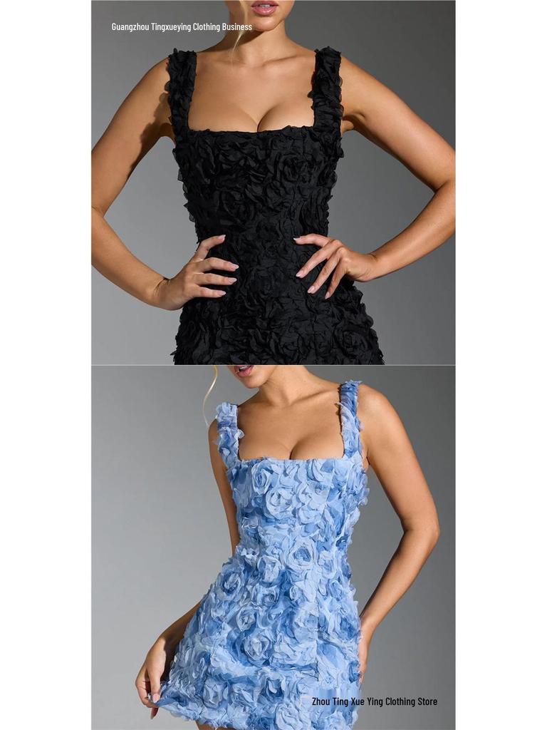 European-American Floral Square Neck Sleeveless Mini Dress