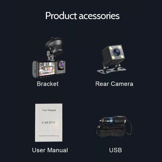 1 Set Car Video Recorder 3 Lenses Night Vision with Power Cable 150mAh USB2.0 DVR ABS Car Dash Cam Front Rear Video Recorder Car Supply