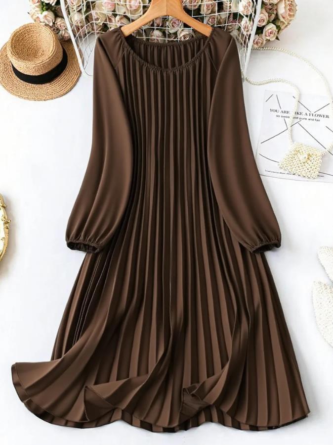Large size women's solid color pleated lantern sleeve a line dress, popular fashionable solid color pleated dress
