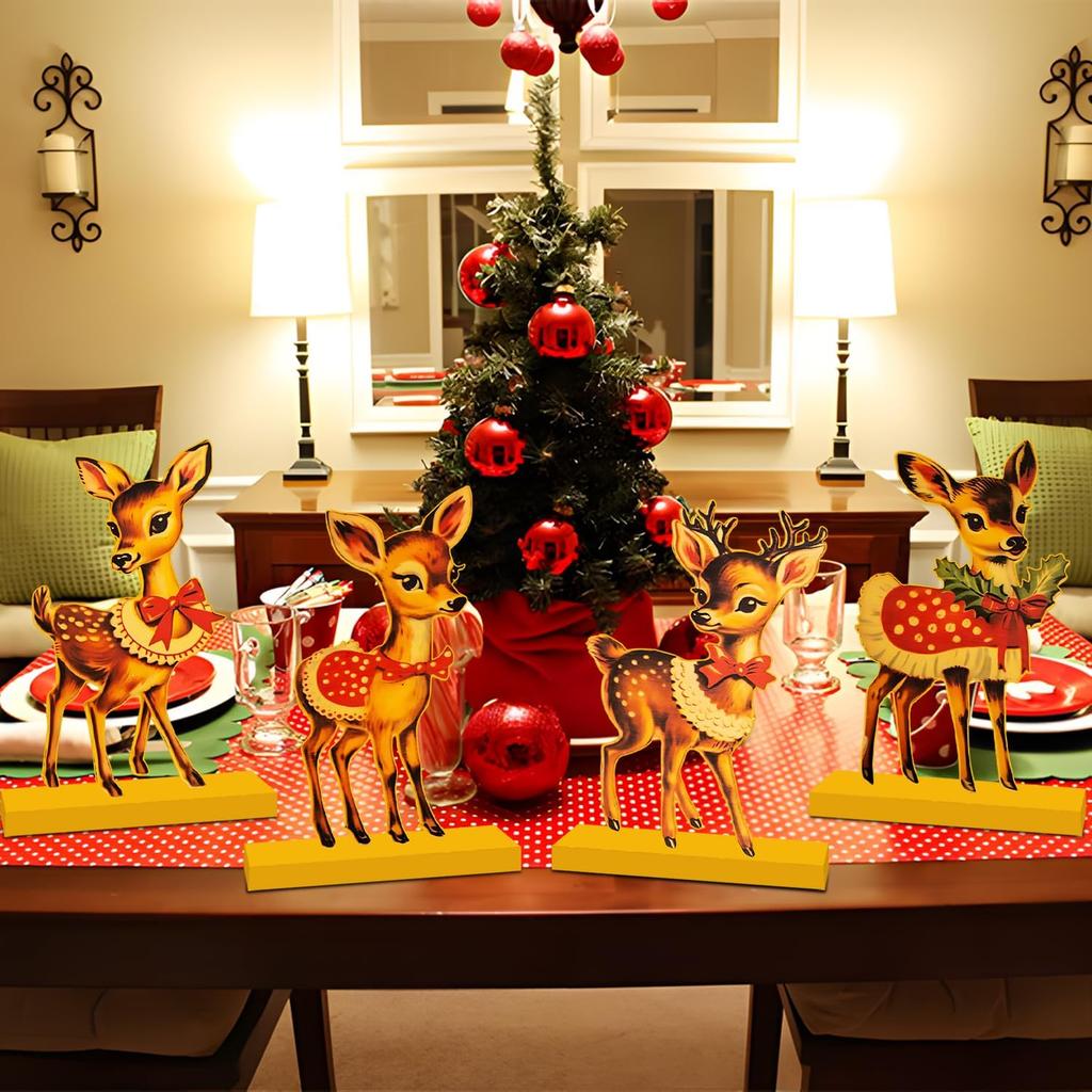 4pcs Vintage Christmas Decorations Table Wooden Centerpieces Christmas Theme Retro Sika Deer Table Decorations Tiered Tray Decor for Winter Holiday