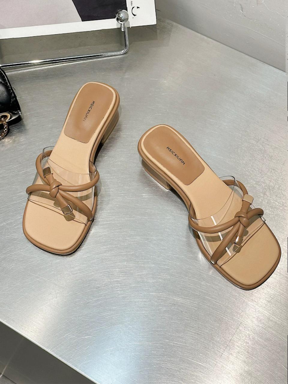 

Прозрачные шлепанцы на массивном каблуке с бантом - Квадратный открытый носок, один ремешок, коллекция лето 2025 40