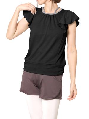 One Yoga Ruffled French Sleeve Size M Pane(t) Women's Top, Fitness, Cupped, T-Shirt, Black,