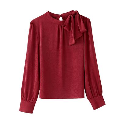 Korean Top for Women's Red Acetate Satin Shirt for Winter New Long-sleeved Bow Shirt