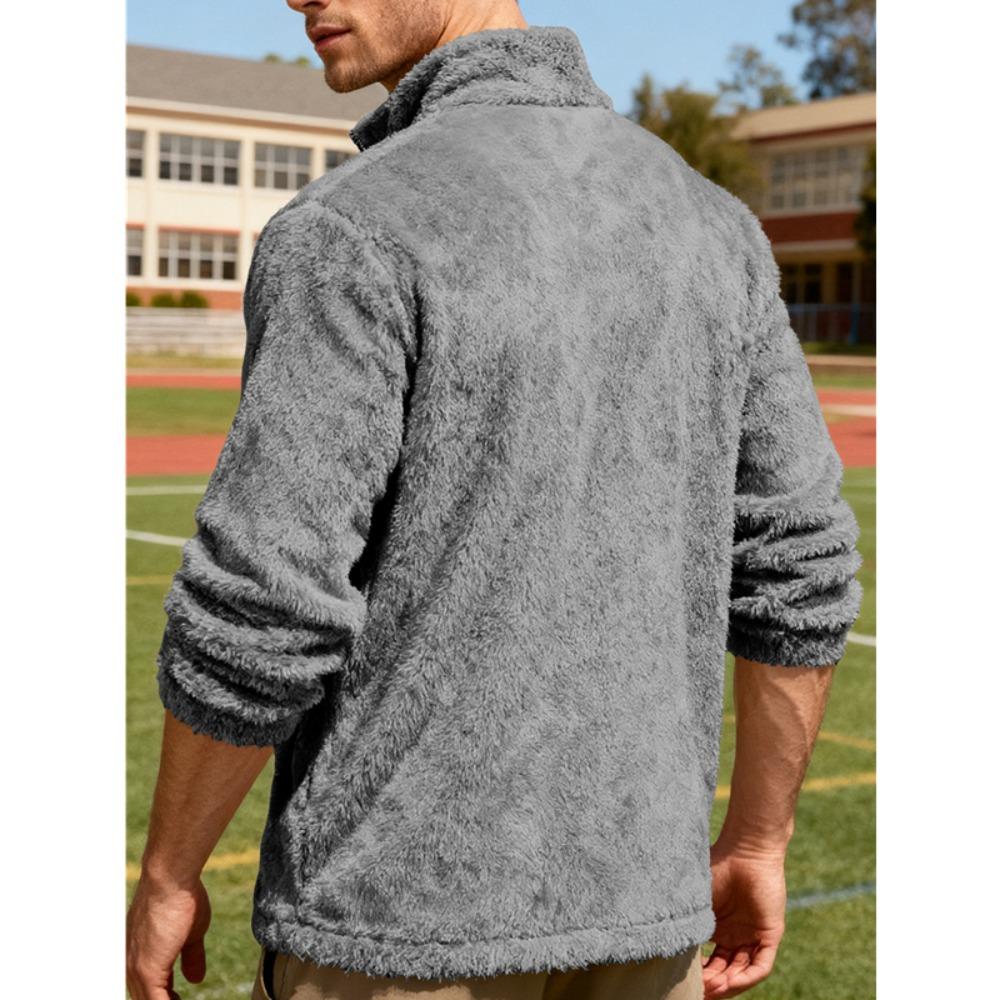 Herren Polarfleecejacke für Winter Einfarbig Stehkragen Langarm Reißverschlussfliege Mantel Lockere Passform Herren Oberbekleidung mit Taschen
