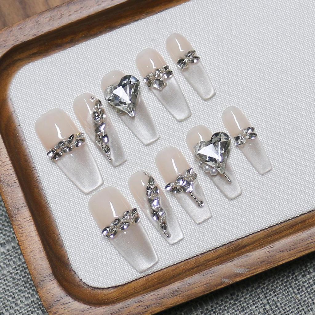 Handmade Cat Eye Glitter Gradient Nails with Rhinestones & Pearls