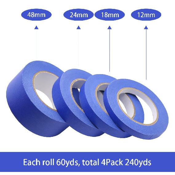 BOMEI PACK 4 Pack Blue Painters Tape, 1/2" 3/4" 1” 2” X 60yds, Multi Size Painting Masking Tape, Clean Release Paper Tape for Home and Office