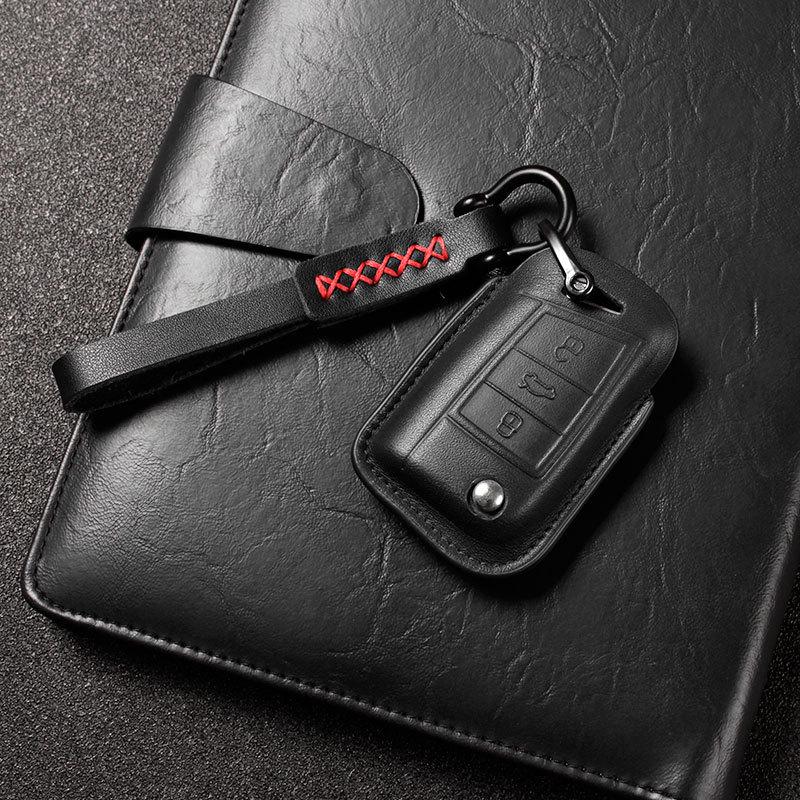 Genuine Leather Key Case for Volkswagen Sagitar, Lavida, Tiguan L, Lamando, Bora - 3D Full Wrap & One-Button Start.