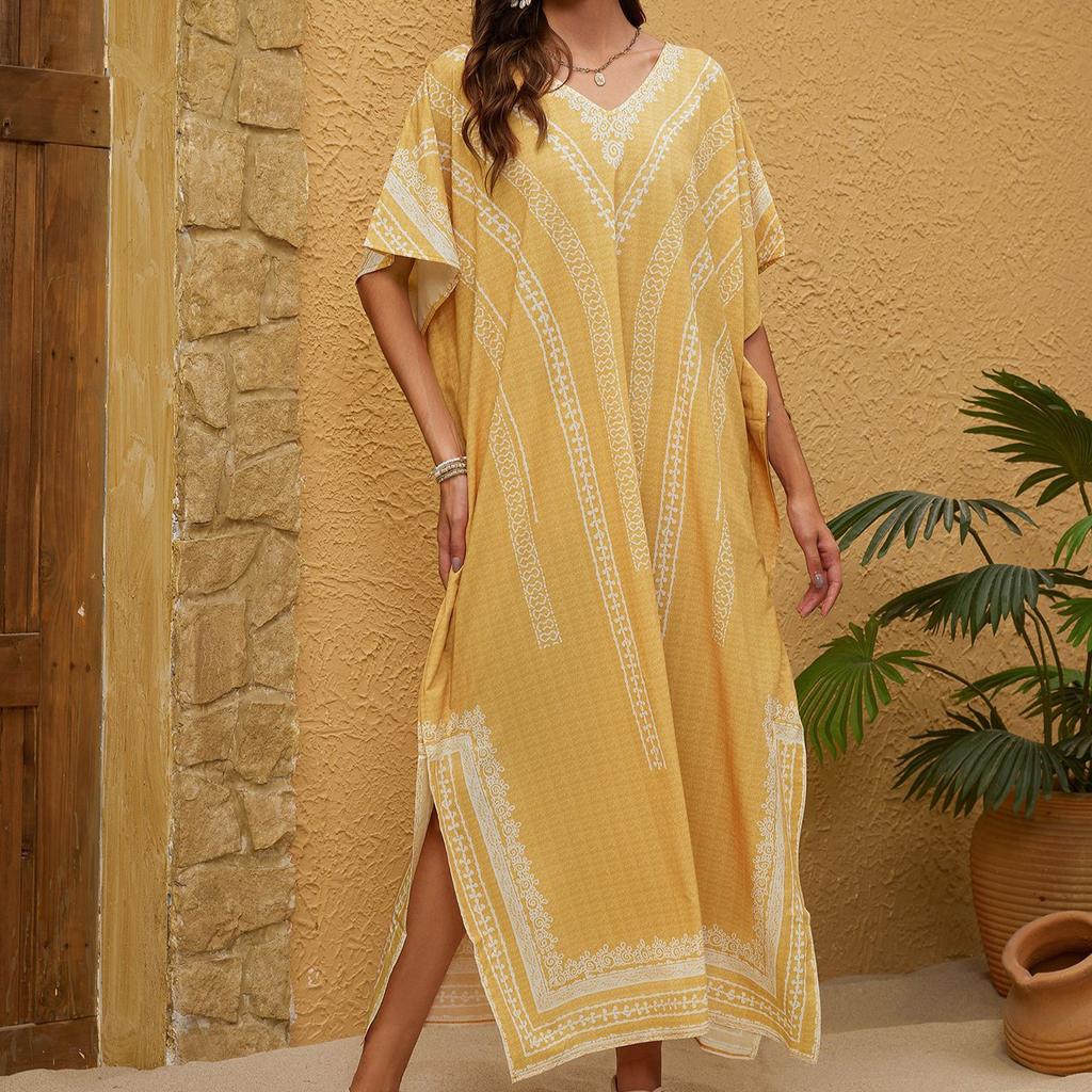 Ethnic Style Printed Resort Robe Large Size Beach Sunscreen Shirts Bikini Outer Cover Shirts Women's Casual Dresses
