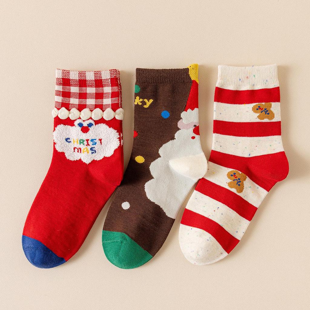 Festive Red Cartoon Mid-Calf Socks for Boys and Girls - Comfortable and Non-Constricting for Autumn and Winter