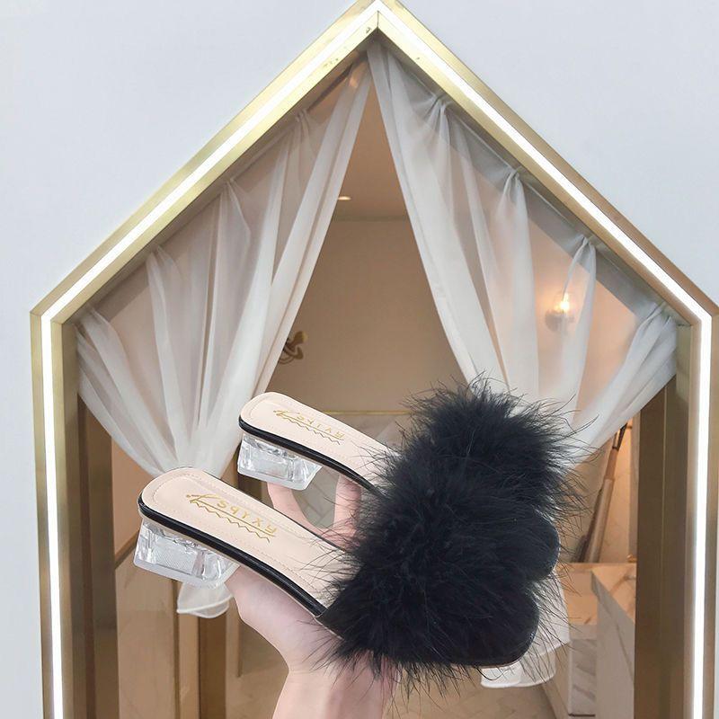 Wear one-word crystal high-heeled cool slippers Internet celebrity thick heel fairy wind fluffy slippers 2025 autumn and summer new