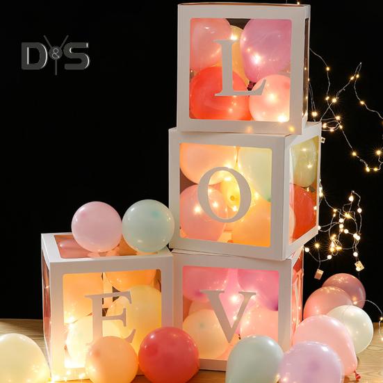 4 Pcs Balloon Box DIY Assembly Transparent Paper Box Balloon Box with Letters Reusable Stackable Cube Decorative Box for Party Wedding Birthday