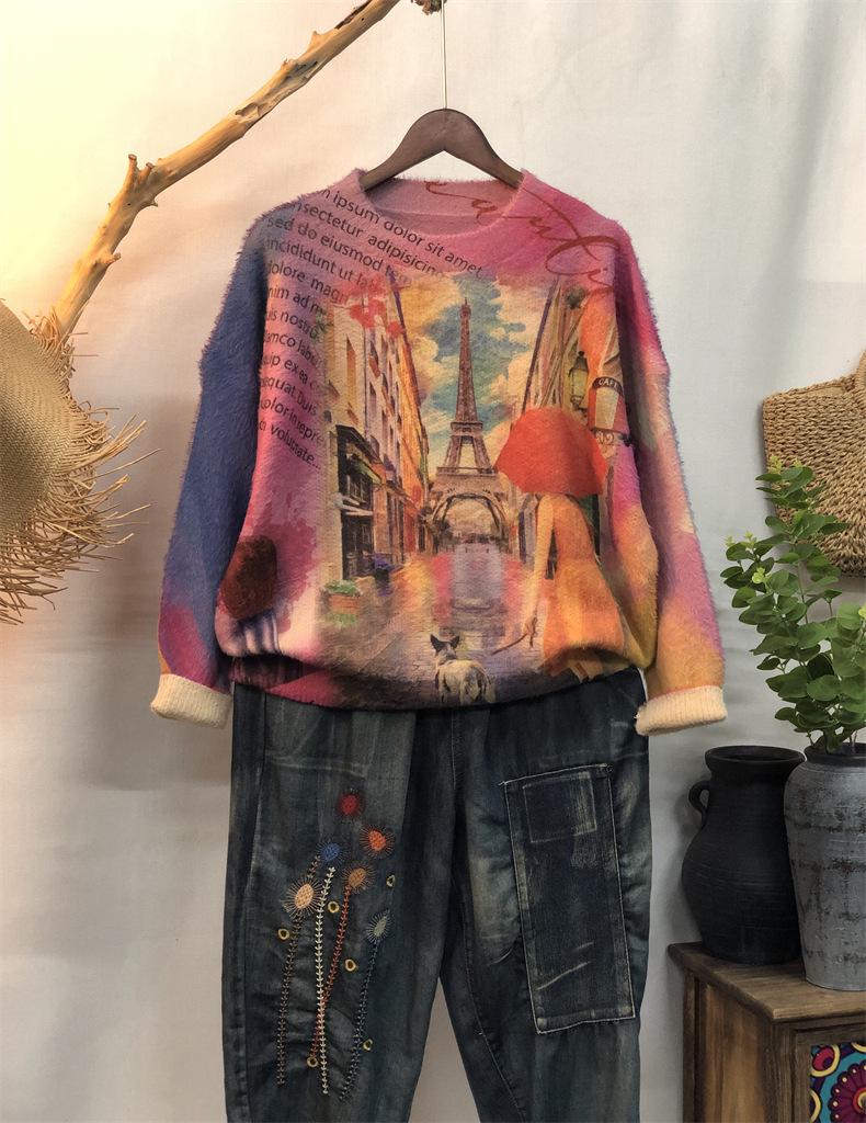 Autumn Winter Knit Loose Casual Long Sleeve Sweater with New Print Pattern