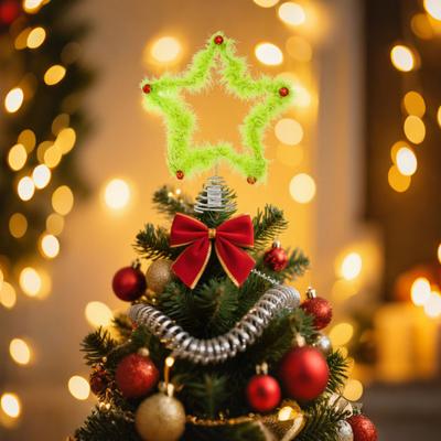 Furry Green Elf Tree Top Star 3D Plush Faux Fur Star Christmas Treetop Ornament with Red Balls for Xmas Tree Holiday Home Party Decor