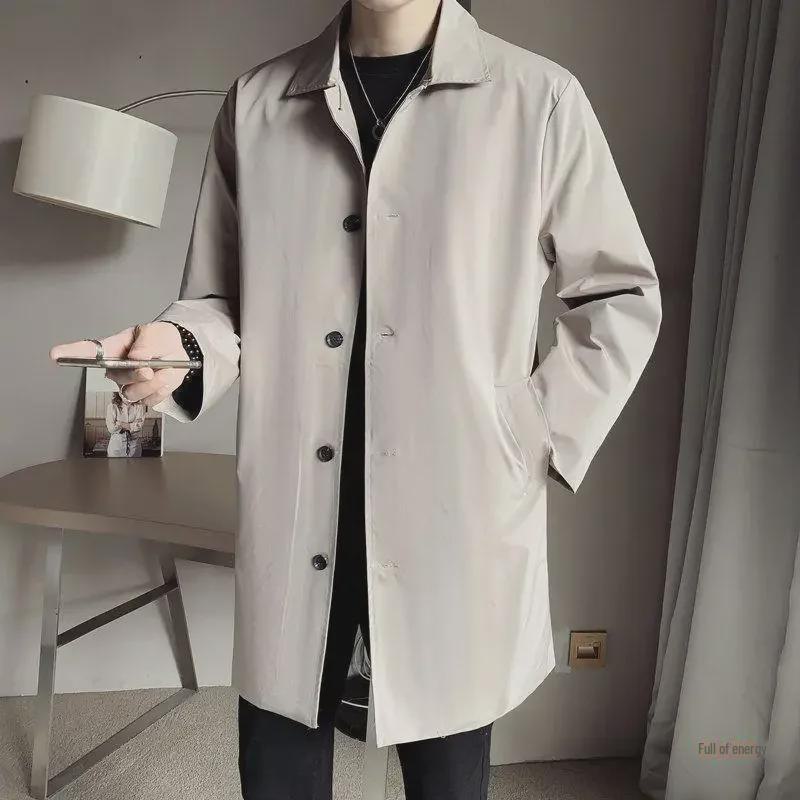 Beige Men's Mid-Length Windbreaker: Spring/Autumn, Large Size, Business Casual, Versatile Lapel, Loose Fit for Middle-Aged and Elderly.