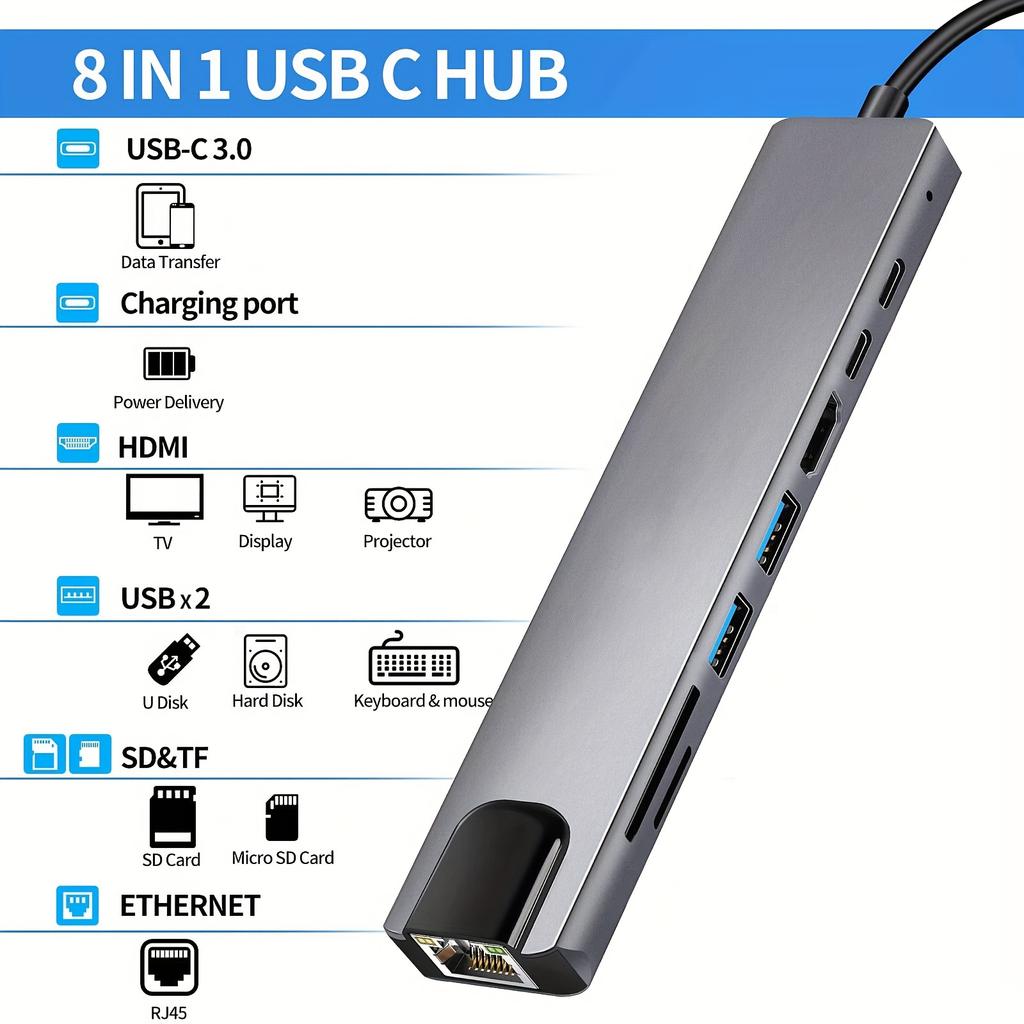 8 In 1 USB C Hub Type C To 4K HDTV Adapter with 100M RJ45 SD/TF Card Reader Fast Charger for MacBook Notebook Windows Laptop Computer