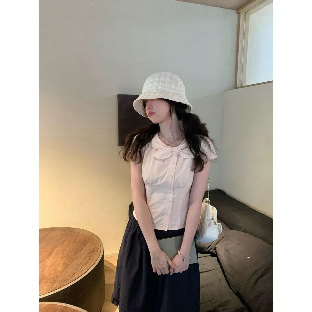 Summer new gentle wind bow short-sleeved white shirt women's design sense waist thin versatile top