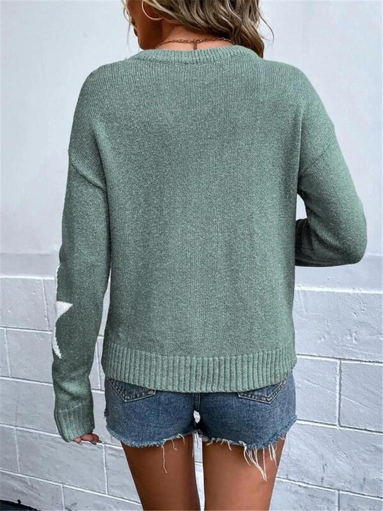 2026 European Loose Round Neck Star Pattern Long Sleeve Knit Pullover Sweater.