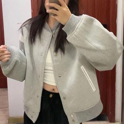 American Gray Baseball Uniform Mantel Herbst und Winter Neue Nähte Kontrastfarbe und Samt Casual Kurze Jacke Top