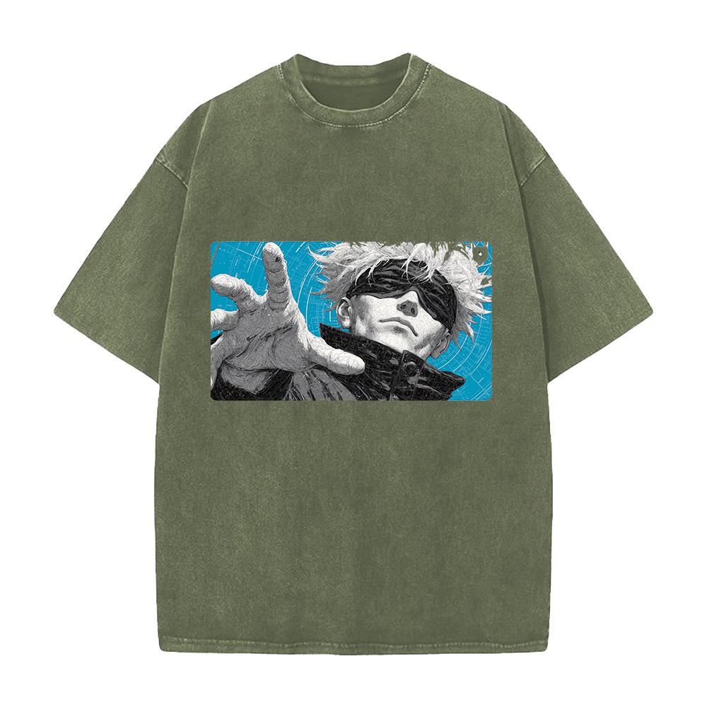 Gojo Satoru Print T-shirt Anime Jujutsu Kaisen Clothing Men Women Cotton Tshirts Retro Washed T Shirt Harajuku Male Casual Tops