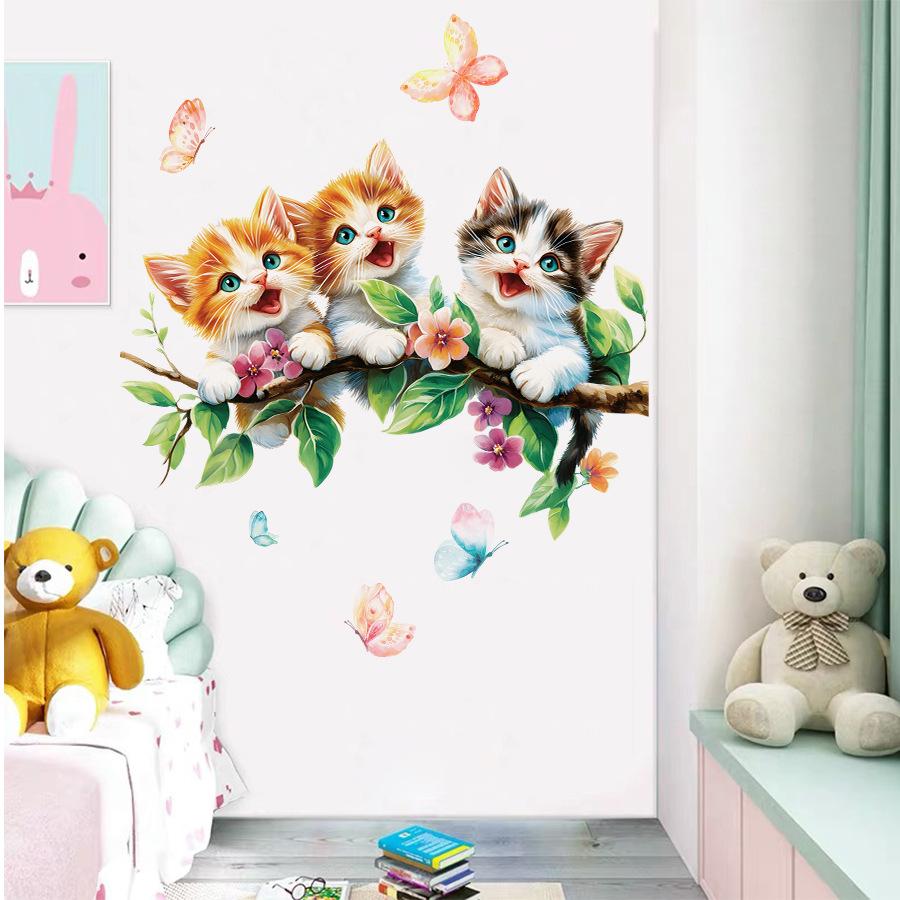 1Pc Watercolor Cartoon Cute Cat on Tree Branch Wall Stickers for Kids Room Decoration Wall Decals Bedroom Decoration Home Decor