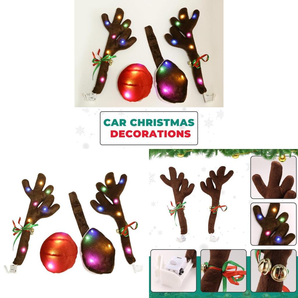 Plush Led Reindeer Antler Car Decor Kit With Lighted Nose And Tail For Festive Vehicle Ornamentation