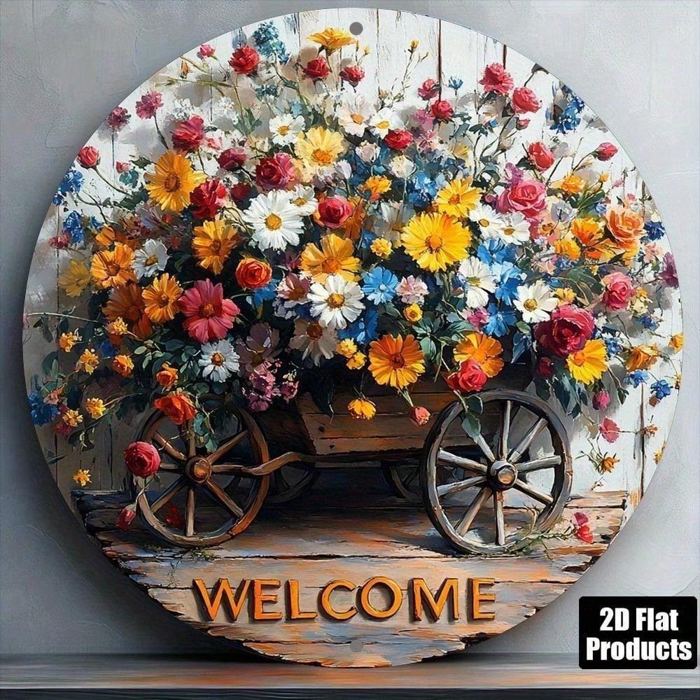 Vintage Garden Wheelbarrow Welcome Sign Rustic Round Aluminum Wall Decor 8 Inch Colorful Floral Home Kitchen Decor