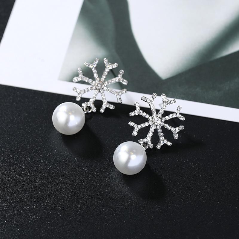 S925 Silver Needle Korean Personality Snowflake Pearl Earrings 2025 Fashion Temperament Earrings Simple Earrings Women серебряный