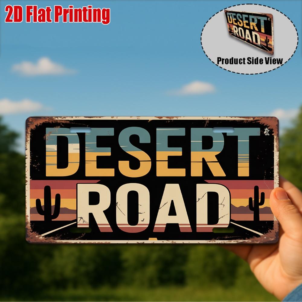 D Flat Pc Vintage Desert Road Metal Sign  X Rustic Decor with Desert Landscape  Cactus Design Durable Aluminum