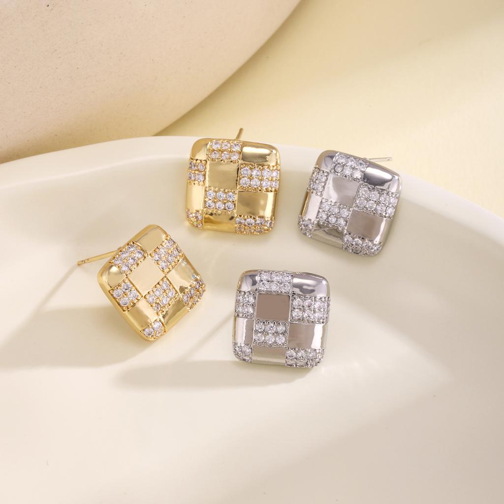 Nidin New Trendy Checkerboard Square Stud Earrings For Women Light Luxury Pave Cubic Zirconia Elegant Daily Party Jewelry Gifts