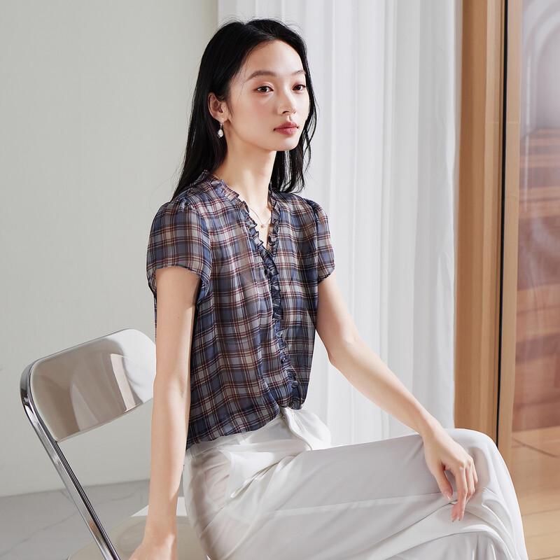 SOFSIL Women s Retro Plaid V-Neck Ruffle Blouse S