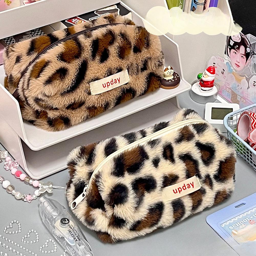 Leopard Print Pencil Case Large-capacity Fluffy Pencil Case Student Pencil Box Storage Makeup Bag