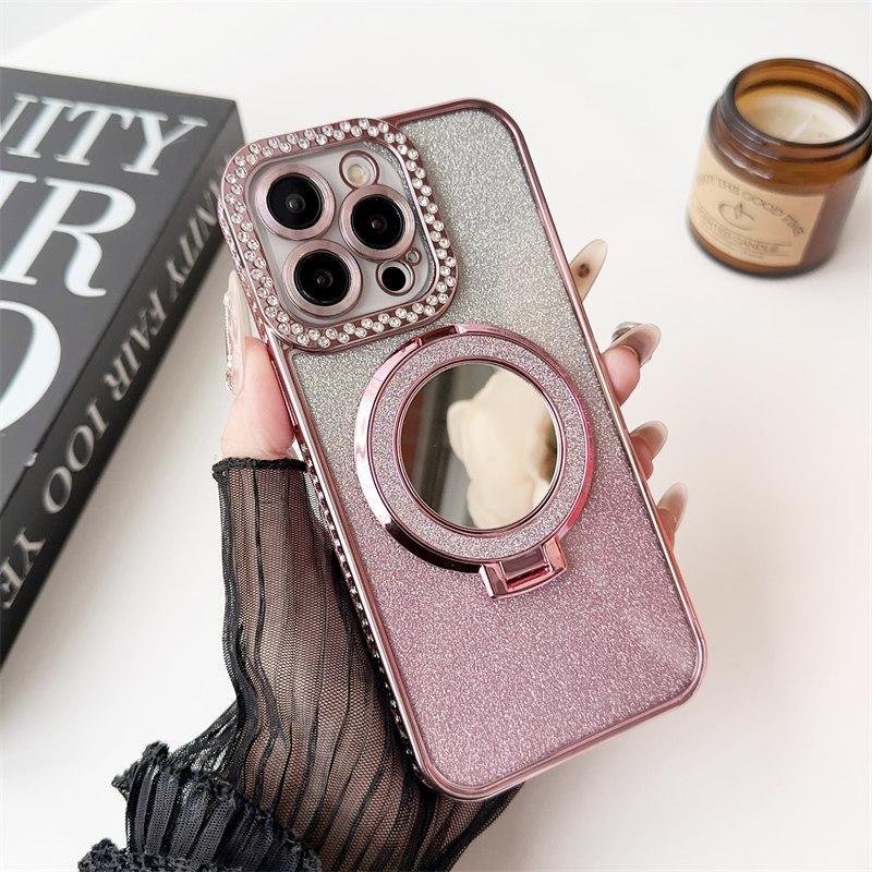Lyx diamantram Elektropläterad magnetisk Touch Up Mirror Holder telefonfodral för iPhone 15 Pro Max 14 13 12 Pro 11 fallskyddsskal