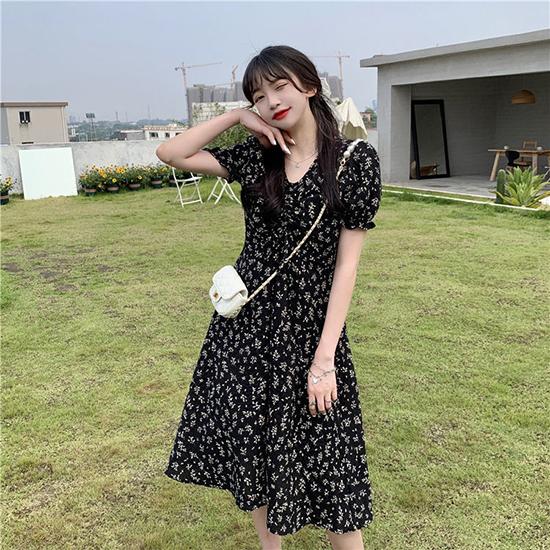 Summer Floral Temperament Skirt, Medium Length Short Sleeved French Fresh and Sweet Dress, Fairy Dress, Fashionable Women's Clothing