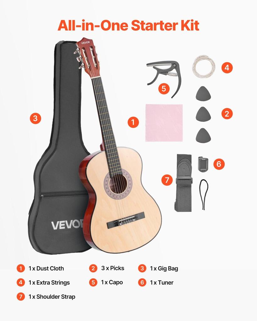 Classical Guitar, 960 mm, Wood Classical Guitar Starter Kit for Beginners, with Nylon Strings, Gig Bag, Strap, Tuner, Extra Strings, Picks, Capo,